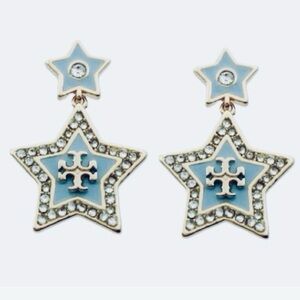 TORY BURCH GOLD + BLUE LOGO PAVÉ FALLING STAR DROP EARRINGS